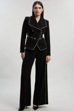 Pantalon Tailleur Jambe Large à Stretch Compact avec Liserés Contrastants