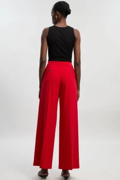 Pantalon Tailleur Large à Jambes Évasées en Stretch Compact avec Finitions