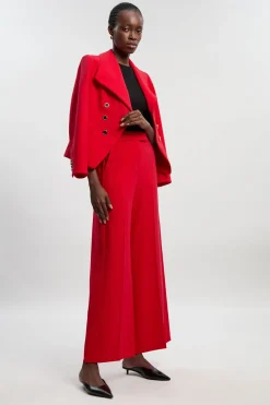 Pantalon Tailleur Large à Jambes Évasées en Stretch Compact avec Finitions