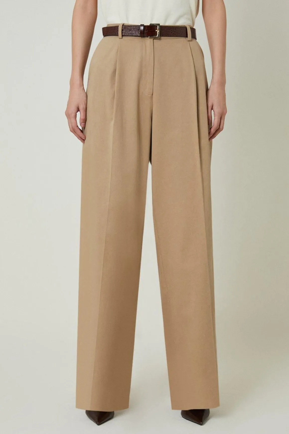 Pantalon Tailleur Large Plissé en Tencel Coton
