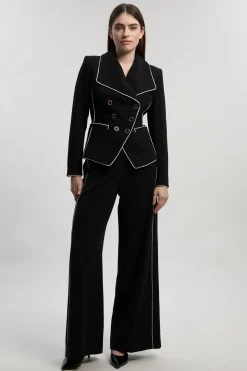 Pantalon Tailleur Petite Taille Jambe Large en Tissu Stretch Compact avec Liserés Contrastants