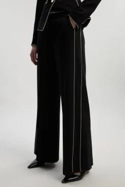 Pantalon Tailleur Petite Taille Jambe Large en Tissu Stretch Compact avec Liserés Contrastants