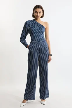 KarenMillen Pantalon tissé en coton à jambes larges rayé<Femme Pantalons