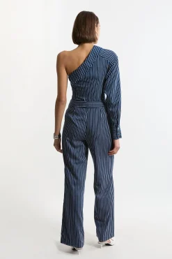 KarenMillen Pantalon tissé en coton à jambes larges rayé<Femme Pantalons