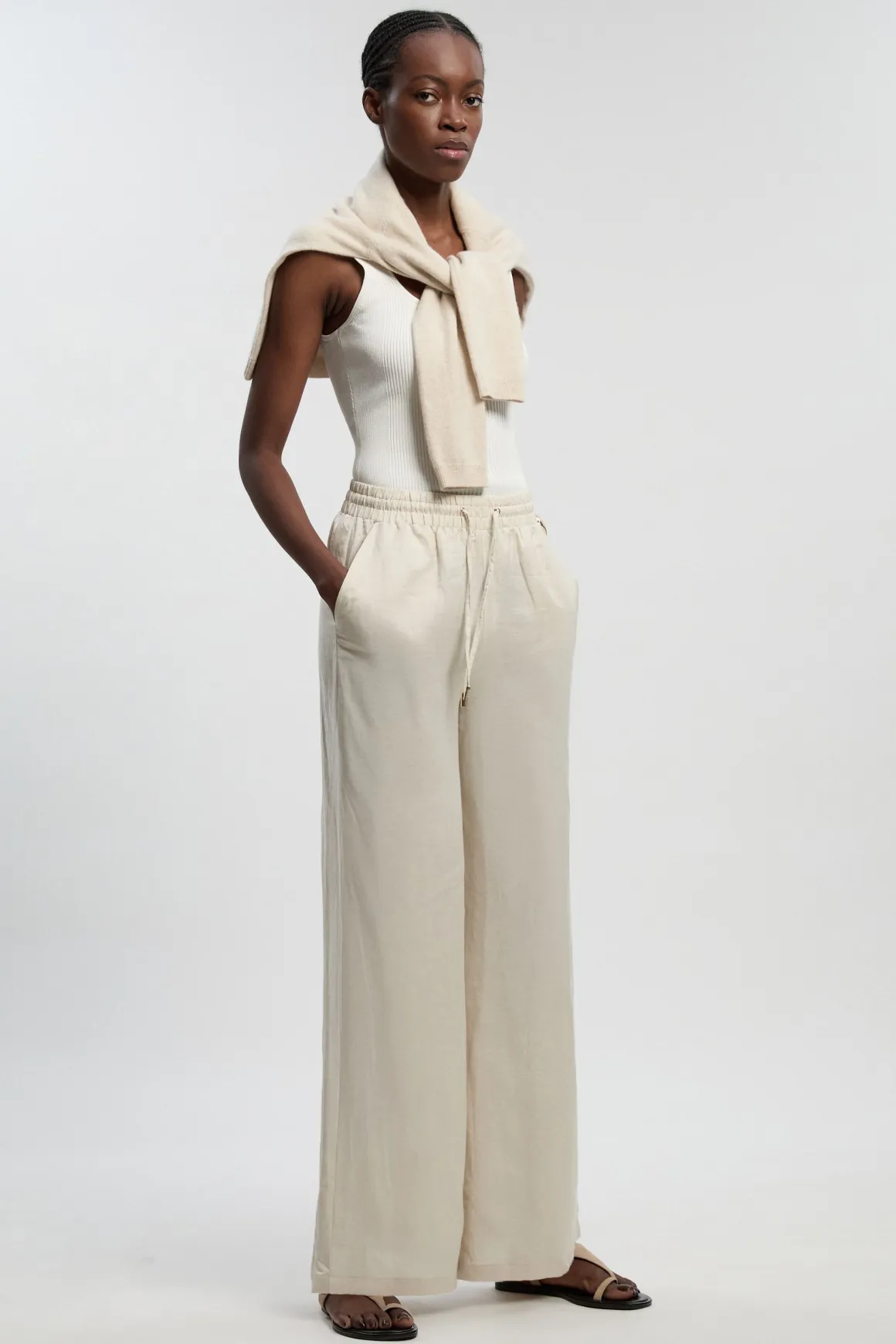 Pantalon tissé en lin à jambes larges