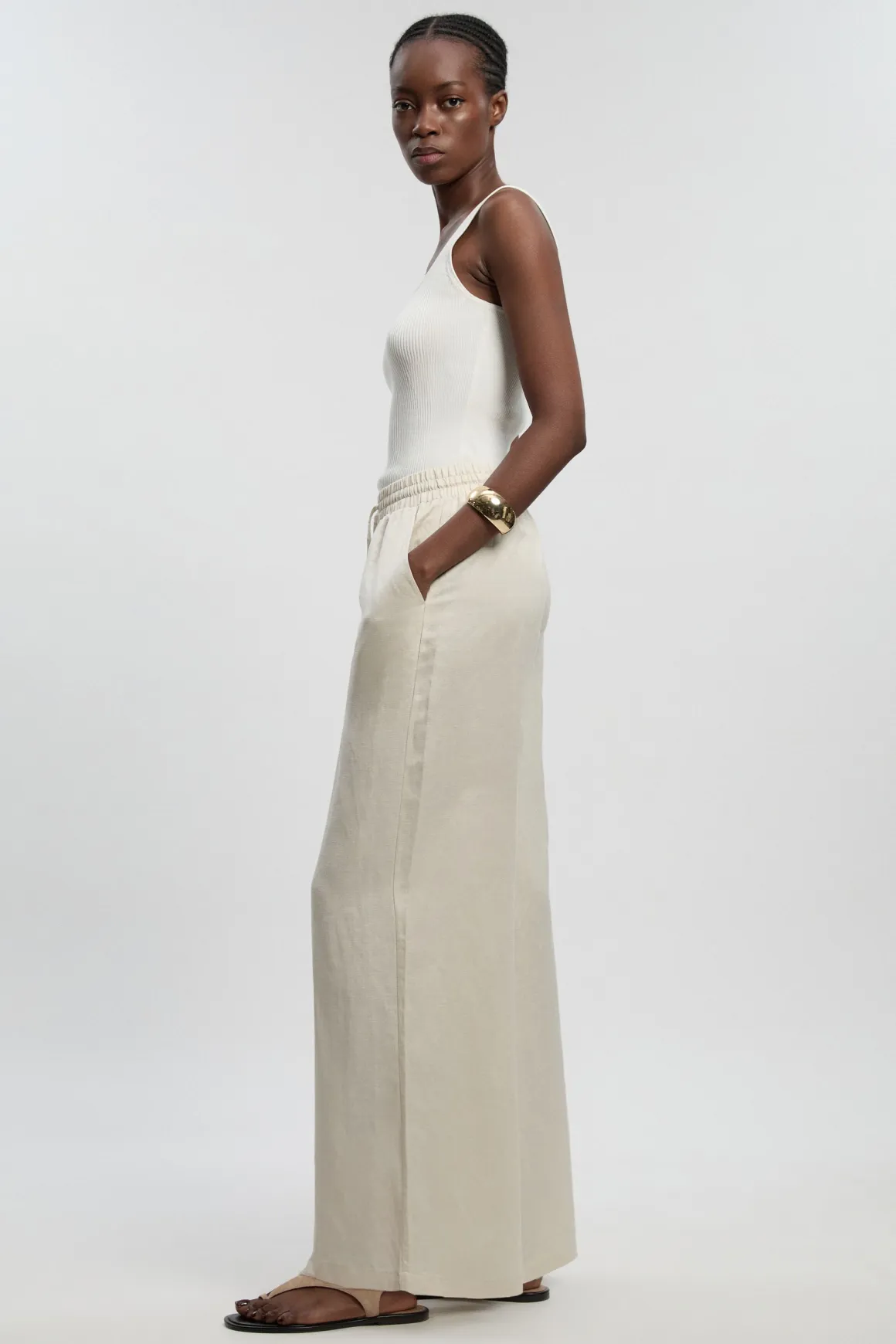 Pantalon tissé en lin à jambes larges