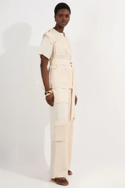 Pantalon tissé en sergé de lin premium avec surpiqûres