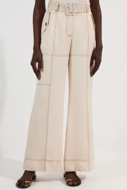 Pantalon Tissé en Sergé de Lin Premium avec Surpiqûres
