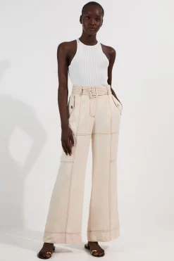 Pantalon Tissé en Sergé de Lin Premium avec Surpiqûres