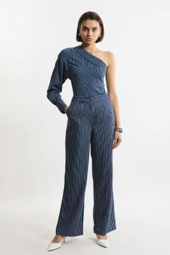 KarenMillen Pantalon tissé en sergé rayé pour grande taille à jambes larges<Femme Pantalons