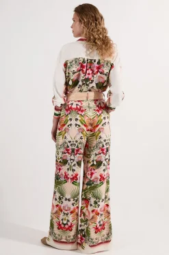 Pantalon tissé à imprimé floral en viscose et lin miroir avec ceinture en raphia