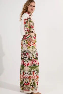 Pantalon tissé à imprimé floral en viscose et lin miroir avec ceinture en raphia