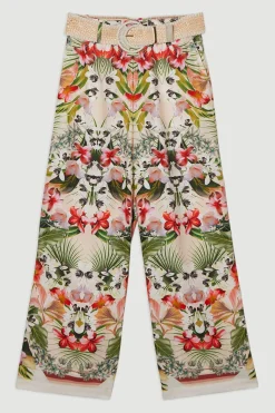 Pantalon tissé à imprimé floral en viscose et lin miroir avec ceinture en raphia