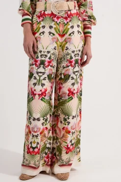 Pantalon tissé à imprimé floral en viscose et lin miroir avec ceinture en raphia