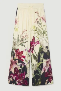 Pantalon Tissé à Jambes Larges en Satin de Viscose à Imprimé Floral