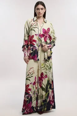 Pantalon Tissé à Jambes Larges en Satin de Viscose à Imprimé Floral