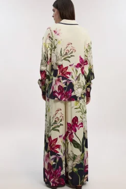 Pantalon Tissé à Jambes Larges en Satin de Viscose à Imprimé Floral