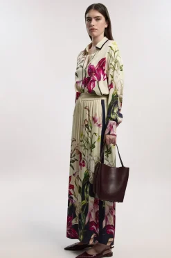 Pantalon Tissé à Jambes Larges en Satin de Viscose à Imprimé Floral