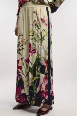 Pantalon Tissé à Jambes Larges en Satin de Viscose à Imprimé Floral