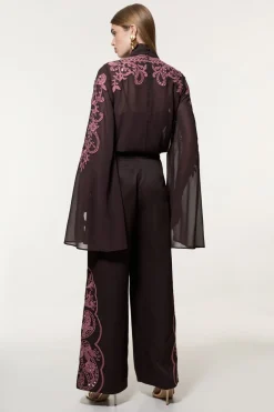 KarenMillen Pantalon tissé à jambes larges pour grandes tailles orné de découpes et de perles en sergé<Femme Pantalons