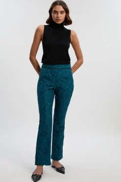 Pantalon Tissé Taille Haute en Dentelle Cordée à Liserés