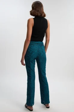 Pantalon Tissé Taille Haute en Dentelle Cordée à Liserés