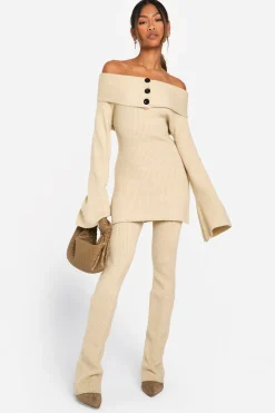 boohoo Pantalon tricoté côtelé à jambes évasées Premium<Femme Pantalons|Pulls Et Gilets