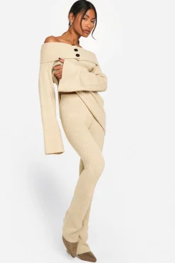 boohoo Pantalon tricoté côtelé à jambes évasées Premium<Femme Pantalons|Pulls Et Gilets