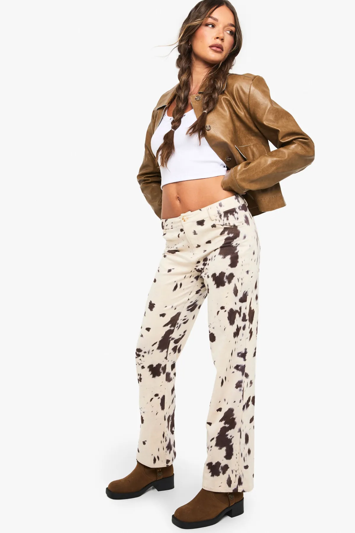 boohoo Pantalon évasé en faux suède à imprimé vache<Femme Pantalons