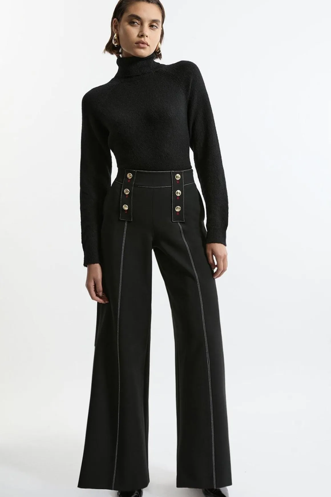 Pantalon Évasé Taille Haute Ajusté en Tissu Stretch Compact