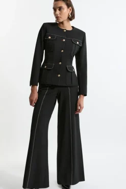 Pantalon Évasé Taille Haute Ajusté en Tissu Stretch Compact