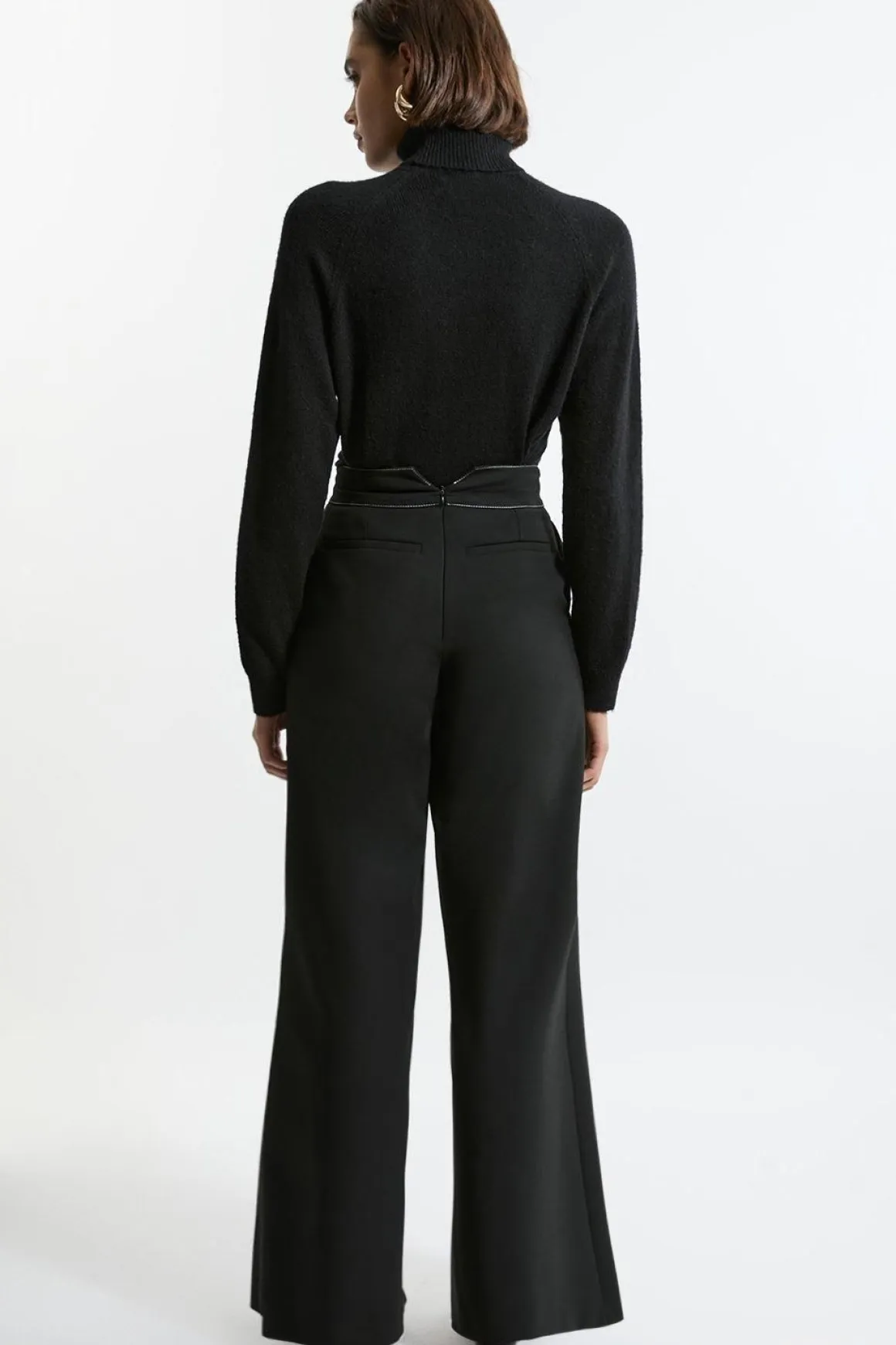 Pantalon Évasé Taille Haute Ajusté en Tissu Stretch Compact