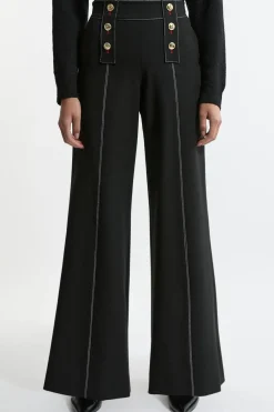 Pantalon Évasé Taille Haute Ajusté en Tissu Stretch Compact