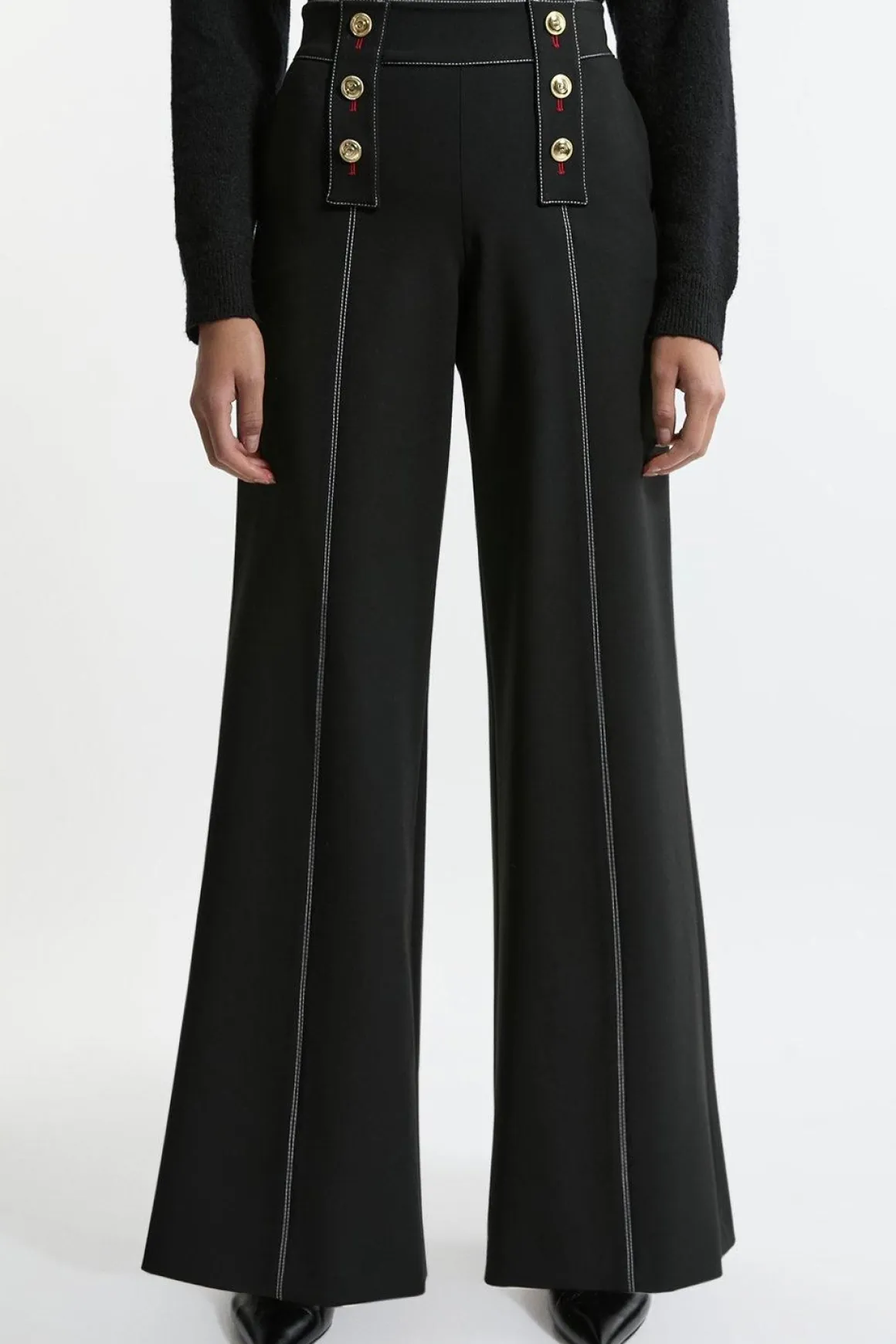 Pantalon Évasé Taille Haute Ajusté en Tissu Stretch Compact