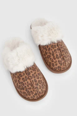 boohoo Pantoufles mules à imprimé avec bordure pelucheuse<Femme Imprimé Léopard|Pyjamas