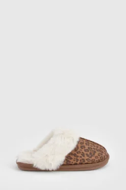 boohoo Pantoufles mules à imprimé avec bordure pelucheuse<Femme Imprimé Léopard|Pyjamas