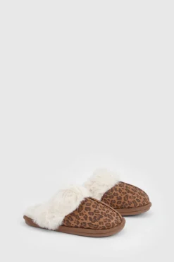 boohoo Pantoufles mules à imprimé avec bordure pelucheuse<Femme Imprimé Léopard|Pyjamas