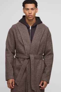 boohooMAN Pardessus Marl Melton long à simple boutonnage, col châle et à ceinture intégrée<Homme Manteaux Et Vestes