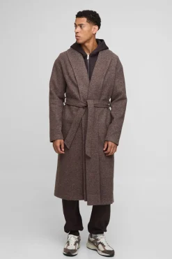 boohooMAN Pardessus Marl Melton long à simple boutonnage, col châle et à ceinture intégrée<Homme Manteaux Et Vestes