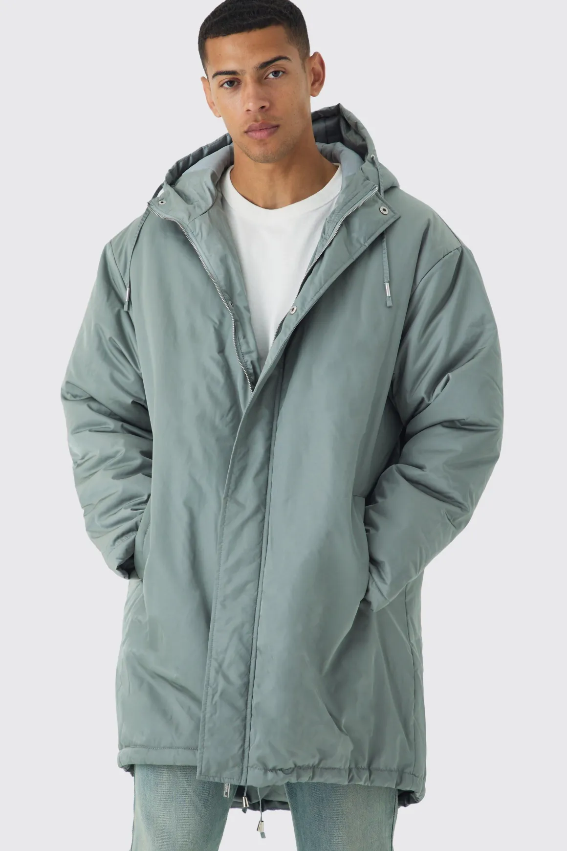 Parka Longline Rembourrée Satin Oversize en Sauge