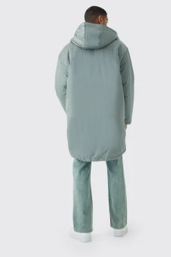 Parka Longline Rembourrée Satin Oversize en Sauge