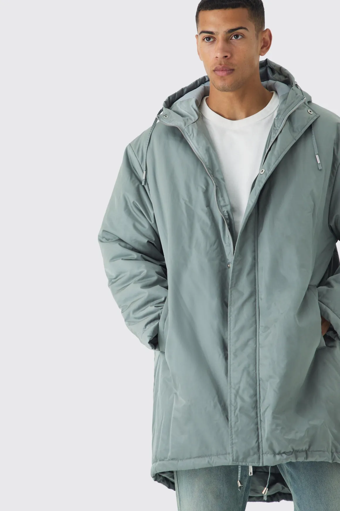 Parka Longline Rembourrée Satin Oversize en Sauge