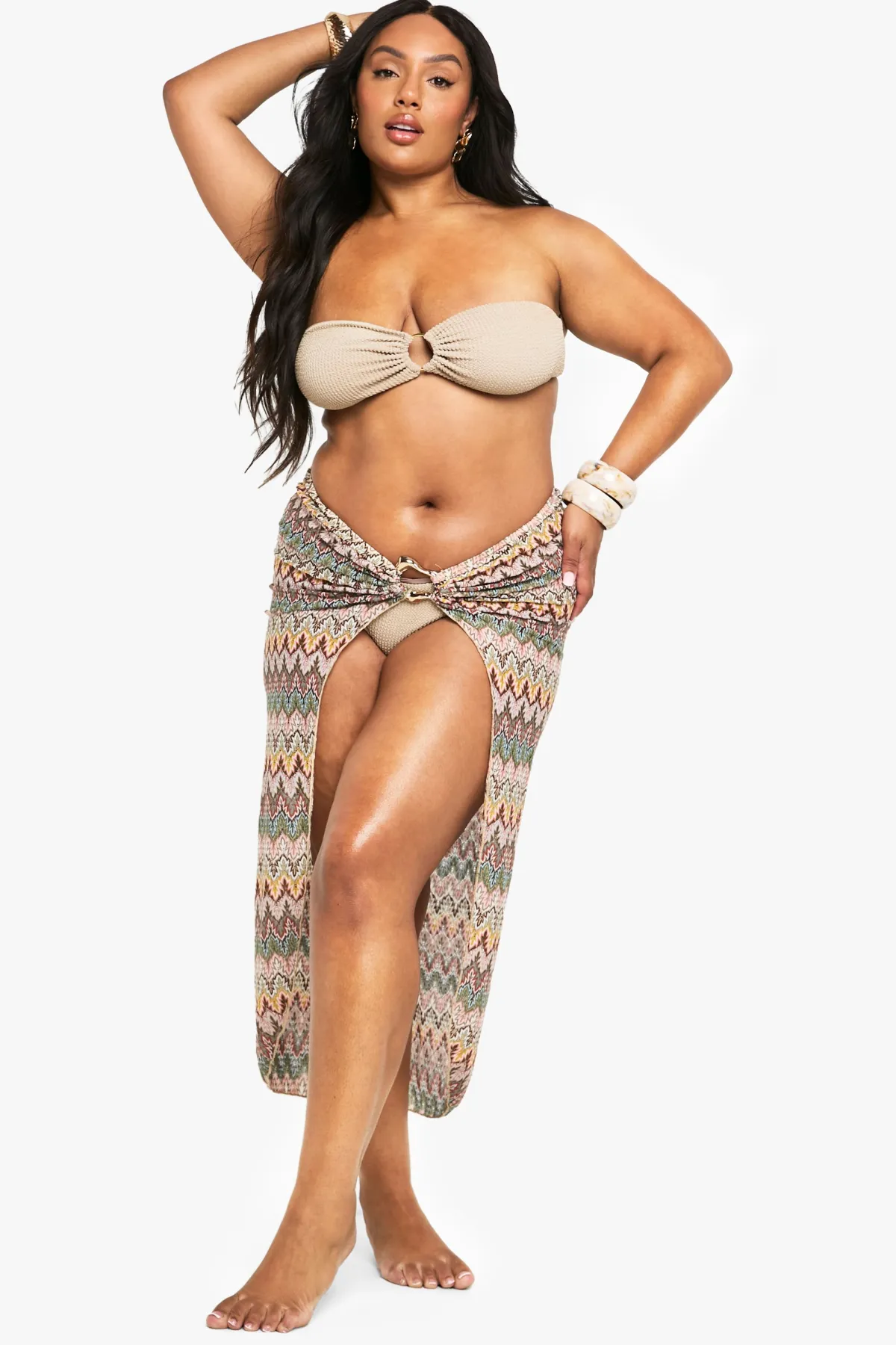 boohoo Paréo En Maille À Motif Zigzag Grande Taille<Femme Tenues De Plage