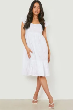 Petite Broderie, Manches Bouffantes, Robe Midi Bardot