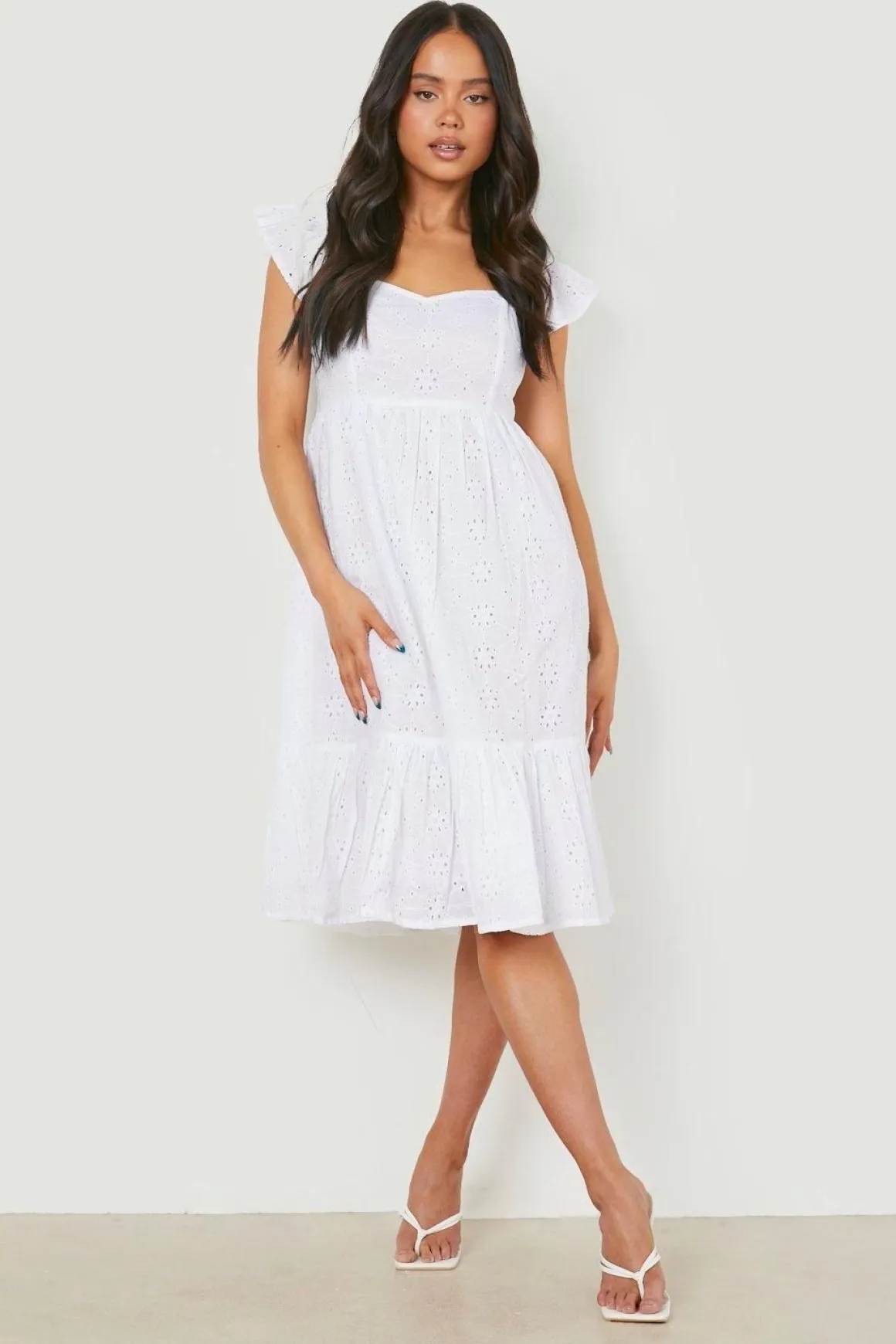 Petite Broderie, Manches Bouffantes, Robe Midi Bardot