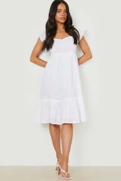 Petite Broderie, Manches Bouffantes, Robe Midi Bardot