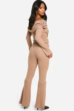 boohoo Petite Brushed Rib Foldover Flare Trouser<Femme Pantalons