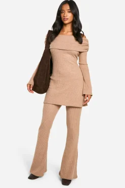 boohoo Petite Brushed Rib Foldover Flare Trouser<Femme Pantalons