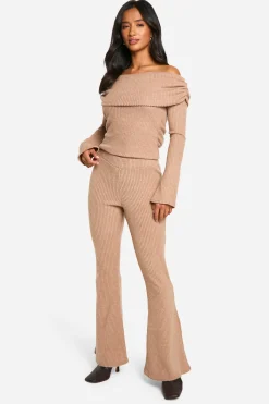 boohoo Petite Brushed Rib Foldover Flare Trouser<Femme Pantalons