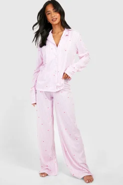 boohoo Petite Collection Pyjama: Chemise à Rayures Fines Imprimée Cœur à Manches Longues & Pantalon<Femme Pyjamas